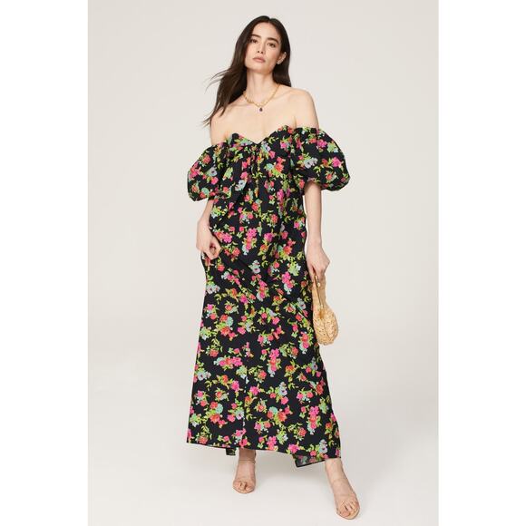 CAROLINE CONSTAS Reyna Black Floral Puff Sleeve Empire Waist Maxi Dress Size M - Picture 1 of 16